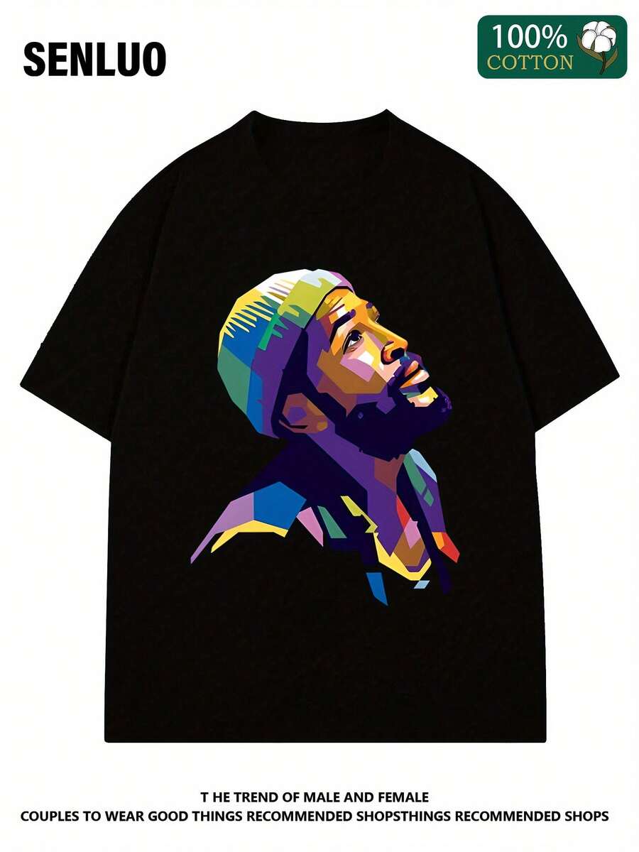 Marvin Gaye Print 100% Cotton Casual T-Shirt - 1pc, Round Neck, Short Sleeve, Knitted Fabric, Regular Fit, Thick Summer Tee For Men And Women - 黑色 - 查看 1