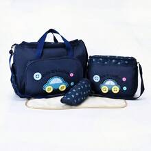 4pcs Multi-Functional Fashion Mommy Bag Set; Cartoon Car Pattern Oxford Cloth Crossbody Diaper Bag For Mothers; Large Capacity Shoulder Maternity & Baby Bag For Outdoor Travel - Màu xanh hải quân - Xem 2
