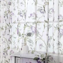 Floral Sheer Curtain Purple Cherry Flower Butterfly Print Bedroom Curtains Rod Pocket Voile Linen Look White Sheer Curtain For Living Room, 54 X 95 Inches Long, Set Of 2 Panels - 淺灰紫 - 查看 1