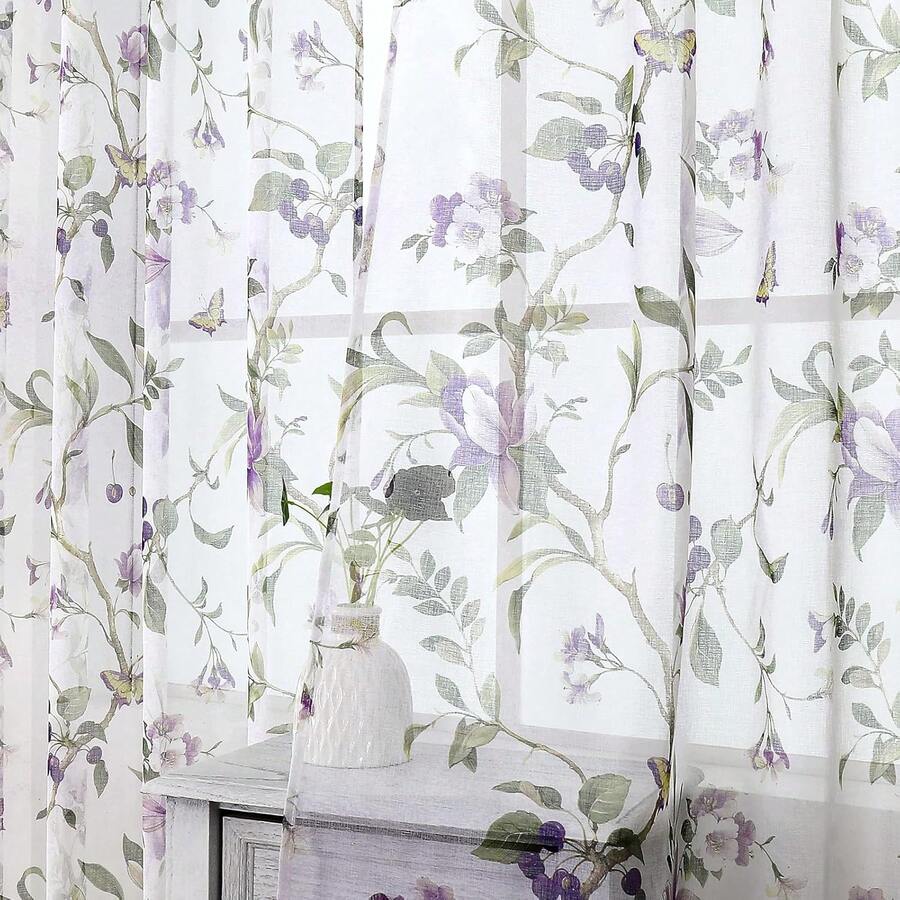 Floral Sheer Curtain Purple Cherry Flower Butterfly Print Bedroom Curtains Rod Pocket Voile Linen Look White Sheer Curtain For Living Room, 54 X 95 Inches Long, Set Of 2 Panels - 淺灰紫 - 查看 1