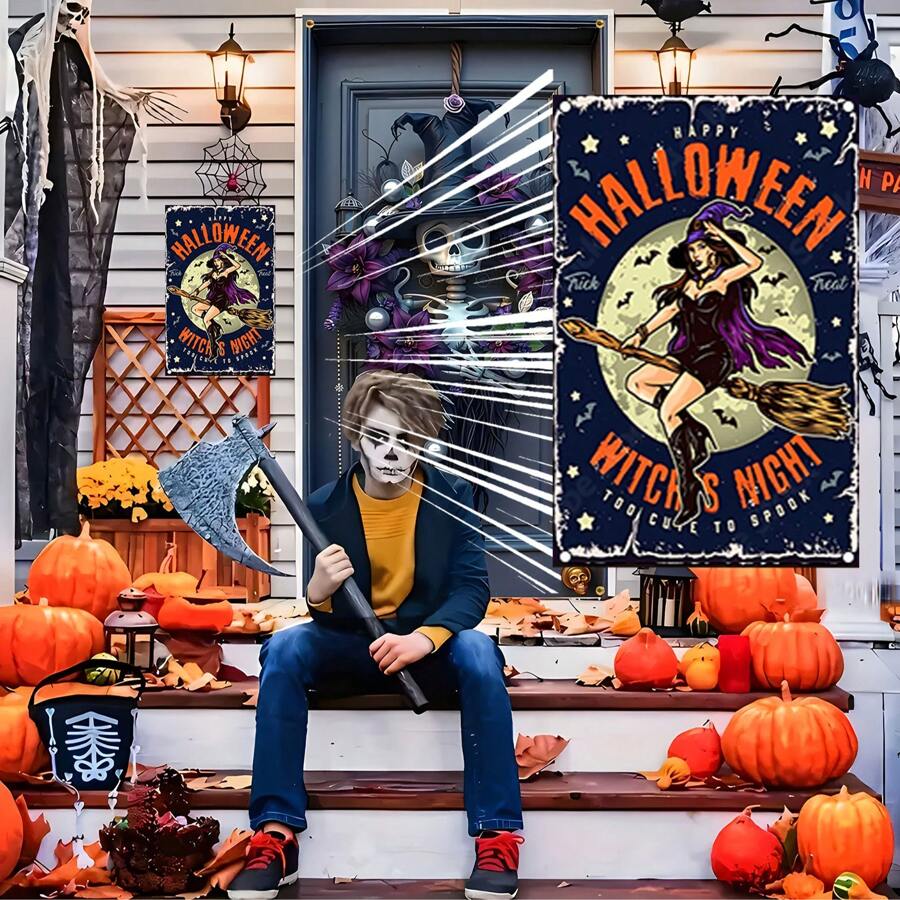 1 件万圣节锡标牌 - 女巫骑扫帚金属墙饰，鬼屋、门廊、农舍的复古万圣节装饰 - 哥特式巫术月亮和星星设计，带有裂纹漆的质朴铁牌 - 12x8 英寸怪异悬挂装饰 - 彩色 - 查看 1