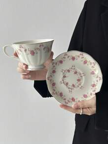 1set (1 Cup + 1 Saucer) Vintage Floral Ceramic Coffee Cup And Saucer Set, Hand-Painted Pink Flower Latte Mug For Office, Home, Afternoon Tea, Gifts Back To School