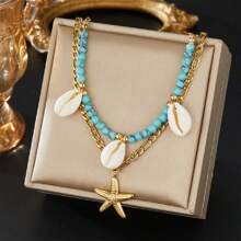 1 Pc Vintage Oval Portrait Pendant Necklace Chain, Versatile Turquoise Water Drop Faux Pearl Angel Clavicle Chain Jewelry