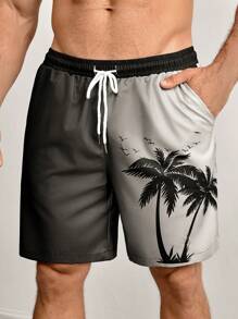 Men's Swim Trunks, Hawaii Holiday Coconut Tree Ombre 3D Printed Casual Outdoor Beach Shorts, Drawstring Waistband, Single Layer Without Lining, Perfect For Casual, Vacation, Beachwear,Hawaiian