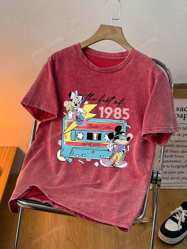 Disney Mujer Nuevo cuello redondo de manga corta para el verano, camiseta de cuello redondo de estampado de patrón de dibujos animados casual, temperamento dulce y gentil, camisetas de verano ajustadas y cómodas, adecuado para uso casual diario, camisetas estampadas para mujer, conjuntos de verano para mujer