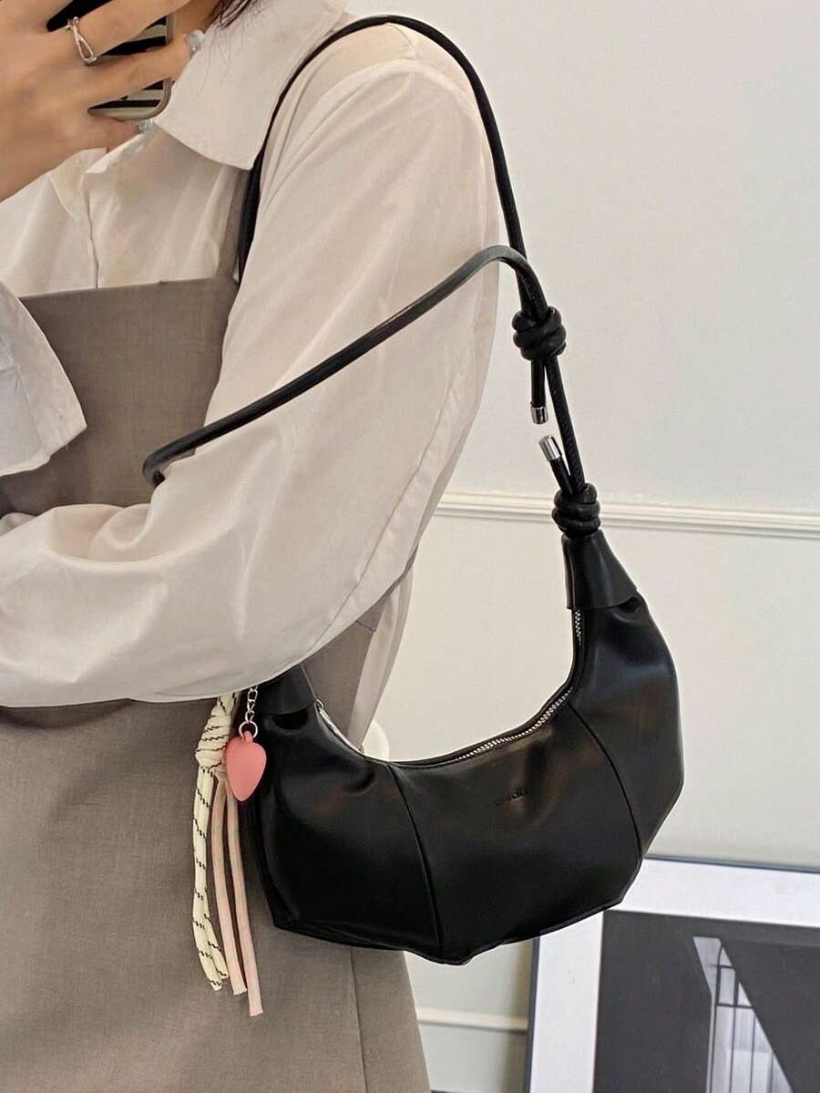1 chiếc túi đeo vai hình lưỡi liềm bằng da PU trơn, sức chứa lớn, thời trang cho phụ nữ trưởng thành, thích hợp để mua sắm và mặc hàng ngày - màu đen - Xem 1