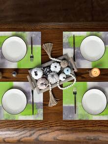 4pcs.6pcs Abstract Geometric Placemats, 12x18 Inch Rectangular Linen Table Mats, Machine Washable, Woven Yellow & Grey Table Decor, For Dining, Home, Kitchen, Banquet, Cafe - Green - View 4