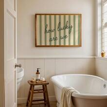 1pc, Unframed, How Lucky Are We - Green Striped Romantic Quote Poster, Lucky Love Print, Romantic Wall Art, Pastel Couple Gift, Emotional Home Art, Canvas Art For Living Room, Bedroom, Kitchen, Office, Cafe, Bar, Hallway, Home And Room Decoration