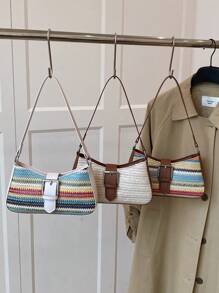 Bolso de hombro de gran capacidad con decoración de arcoíris de paja de primavera, diseño cuadrado minimalista para mujeres