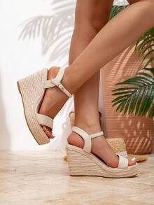 New Straw Wedge High Heel Black Sandals For Women, Strap Espanade Style Rope Decor Platform Thick Sole Roman Sandals, Spring & Summer Vacation - White - View 5