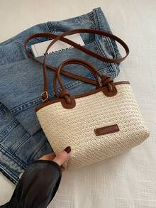 夏日假日海滩草编手提包、托特包和单肩包，别致的打结风格编织篮包 - 白色 - 查看 7