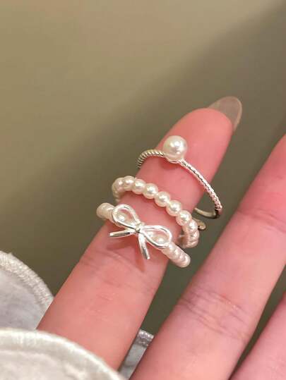 3pcs/Set Minimalist Bow Pearl Beaded Adjustable Rings Set, Sophisticated Stackable Jewelry For Daily Wear, Great Gift For Girlfriend, Sister, Christmas, Valentine's Day, Birthday, Mother's Day