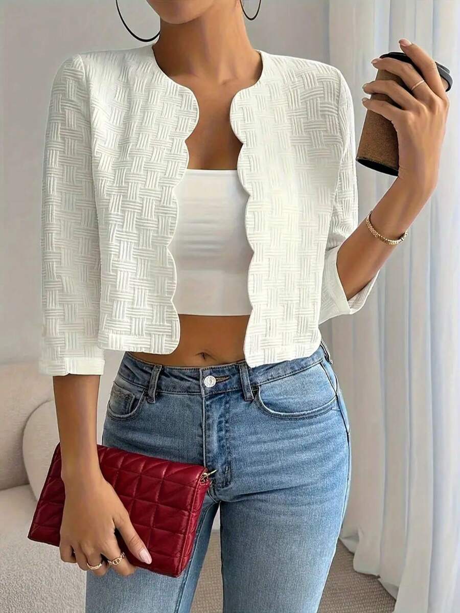 Women Casual Solid Color Short Jacket, 3/4 Sleeve Spring Autumn Lightweight Coat White - White - View 1