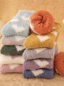 5/10 双随机女士秋冬心形图案保暖袜，适合居家、睡眠、送礼、孕妇袜 - 彩色 - 查看 3