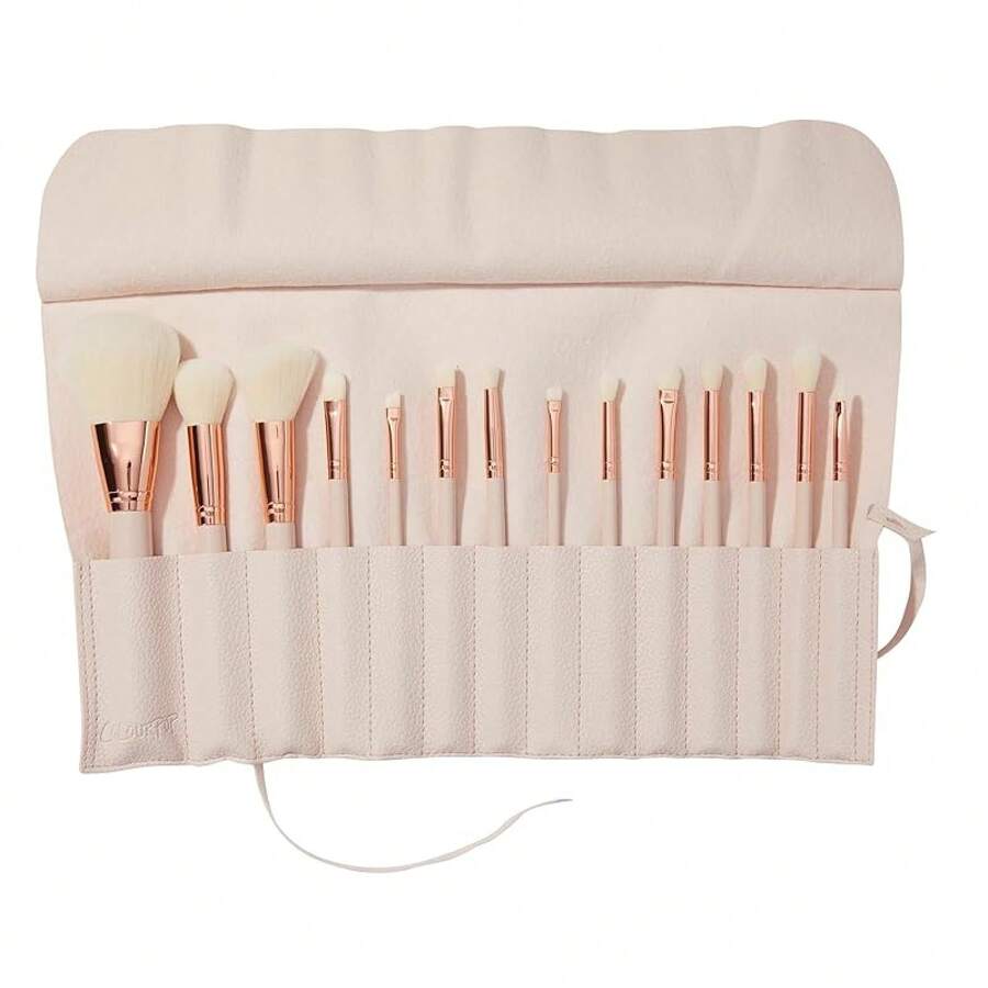 ColourPop Ultimate Brush Roll Face & Eye Brush Set - Face & Eye Makeup Brush Set - Made With Luxe Synthetic Vegan Bristles - Includes Faux-Leather Case (14 Count) - Ultimate Set - 查看 1