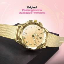 Relogio feminino dourado prova dagua + relogio silicone aço