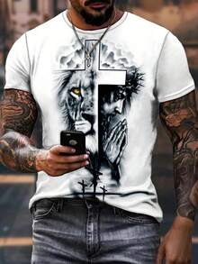 Men's Casual Summer T-Shirt With Cross And Lion Pattern And Round Neck - 白色 - 查看 4