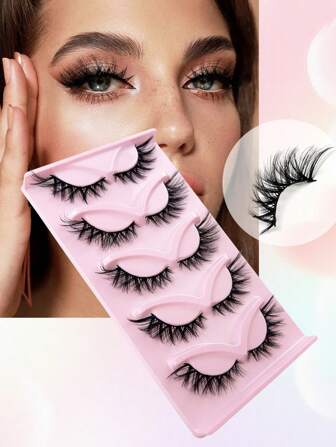 Europeiskt och amerikanskt snedställande flygande set 1 set med 5 par rävögon, böjda rävögon, 3D-fluffiga ögon, förlängda kattögonögonfransar för att skapa en charmig makeup - återanvändbara lösögonfransar, mors dag-present