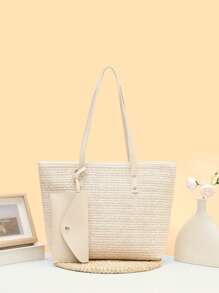 1pc Large Capacity Shoulder Bag, Beach Bag, Straw Bag, Shopping Bag, Women's Tote, PU Splicing Straw Beige Women's Handbag, Fashion Minimalist Commuter Vacation Tote