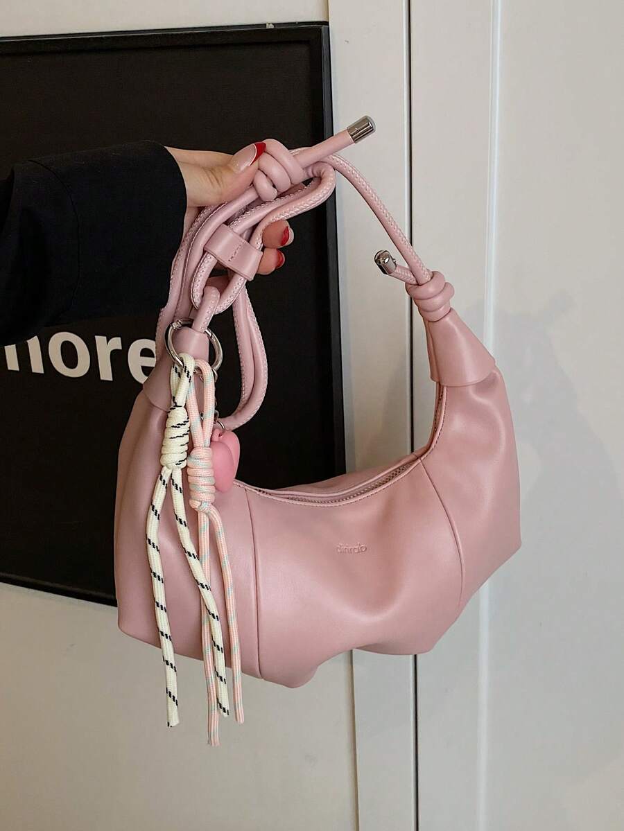 1 chiếc túi đeo vai PU màu trơn, túi xách hình lưỡi liềm thời trang dung tích lớn phù hợp cho phụ nữ trưởng thành, trang phục thanh lịch và đi chơi - Hồng - Xem 1