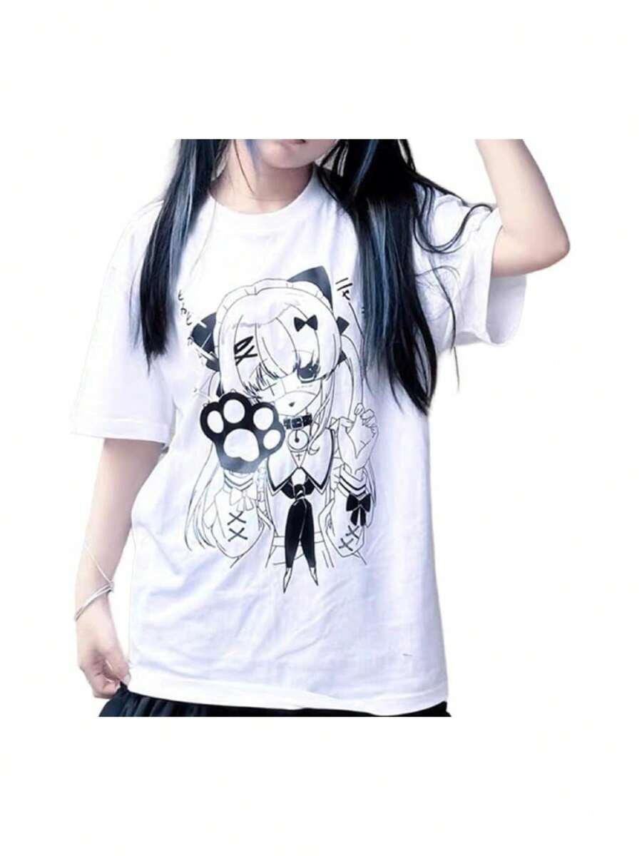 Harajuku Y2K Kawaii Gothic Clothes Casual Loose Soft Crewneck Cute Cartoon Anime Girl With Paw Print T-Shirt - 白色 - 查看 1