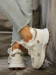 Women Casual Lace-Up Round Toe Sneakers, Low-Top, Outdoor/Skateboard Shoes, Student Shoes, Walking/Running, Suitable For All Seasons, White Shoes - White - View 9