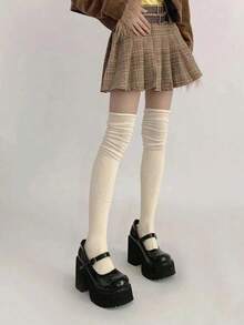 3双装女士过膝袜，可爱荷叶边袜，宽松袜，透气吸湿，舒适甜美刺绣过膝袜，情人节礼物 - 彩色 - 查看 4