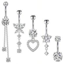Juego de 5 piezas de piercing de ombligo de acero inoxidable chapado en oro blanco/baño de cobre de 18k, con incrustaciones de circonita cúbica brillante en formas de mariposa, corazón y flor para uso diario de las mujeres