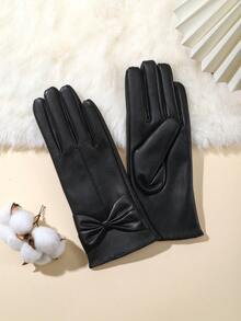 1 Pair Solid Color Casual Elegant Bow PU Leather Gloves, Warm And Fashionable Touch Screen Gloves For Women, Suitable For All Seasons, Autumn/Winter, Bow Decor, Riding Gloves, Thermal Lined, Cute Student Gloves, Black
