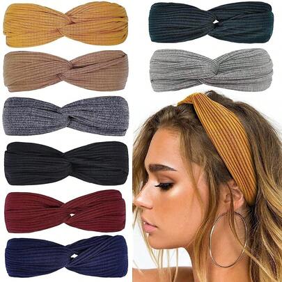 8pcs Twist Knotted Headbands For Women Non Slip Head Bands Boho Stretchy Hair Bands Criss Cross Turban Plain Headwrap Yoga Workout Vintage Hair Accessories