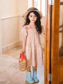 Girls' Lightweight Bowknot & Floral Digital Print Casual Dress, Summer - Multicolor - View 1