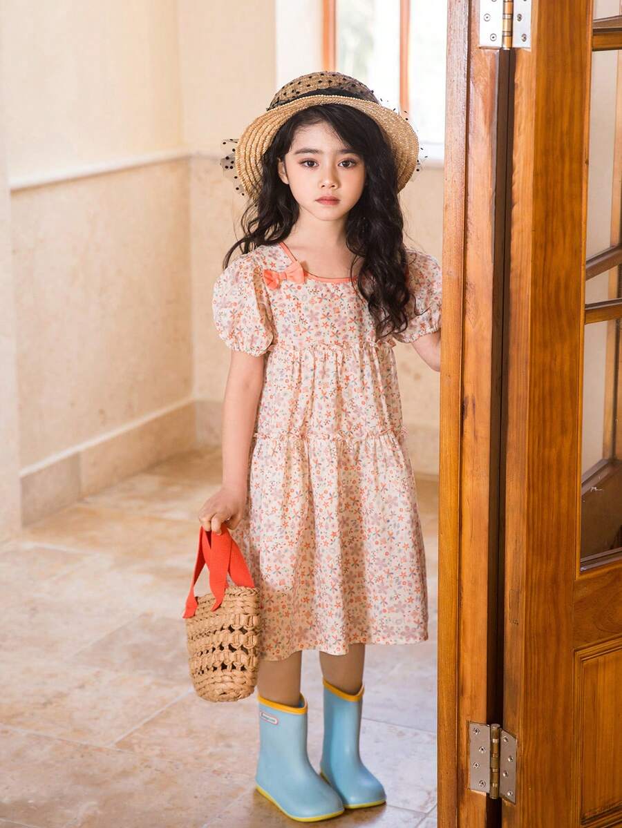 Girls' Lightweight Bowknot & Floral Digital Print Casual Dress, Summer - Multicolor - View 1