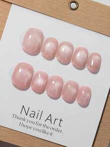 10 件手工椭圆形轻奢猫眼配简约粉色可拆卸指甲，适合不同女性日常使用按压式指甲美甲用品指甲 - 彩色 - 查看 2