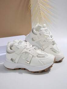 Women Casual Lace-Up Round Toe Sneakers, Low-Top, Outdoor/Skateboard Shoes, Student Shoes, Walking/Running, Suitable For All Seasons, White Shoes - White - View 3
