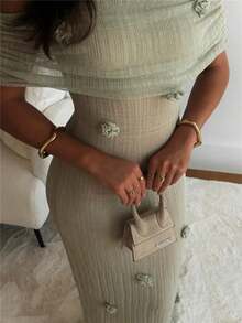 3D Floral Off Shoulder Dress Woman Strapless Pleated Solid Color Robes Sleeveless Elegant Fashion Slim Women's Long Maxi Dress - 綠色 - 查看 4