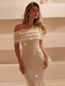 3D Floral Off Shoulder Dress Woman Strapless Pleated Solid Color Robes Sleeveless Elegant Fashion Slim Women's Long Maxi Dress - 綠色 - 查看 5