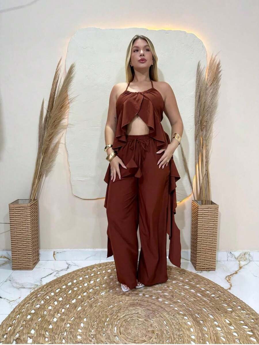 Canjunto Calça e Blusa Tunica Boho Chic - Marrom - Visão 1