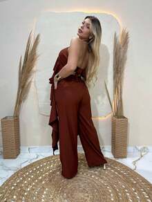 Canjunto Calça e Blusa Tunica Boho Chic - Marrom - Visão 2