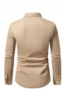 Men's Plain Minimalist Long Sleeve Formal Dress Shirt, Daily Wear, For Fall - Khaki - View 3