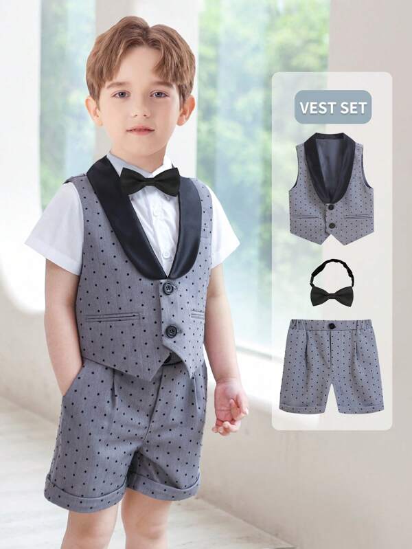Conjunto de 3 piezas para niños: Chaleco de cuello Mao + Pantalones cortos con lunares + Pajarita elegante, adecuado para fiesta de cumpleaños, boda, concurso y otras ocasiones