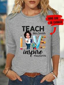 Plus Custom Printed Crew Neck Casual Long Sleeve Pajama Top, Fall & Winter, Cozy - Light Grey - View 1