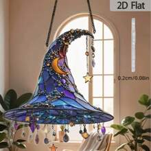2D Flat Boho Style 2D Acrylic Witch Hat Wall Hanging - Colorful Stained Glass Look With Crescent Moon, Stars And Teardrop, Ideal For Home, Garden, Porch And Bedroom Party Decoration, Boho Home Decor Halloween Decor Fall Decor Room Decor