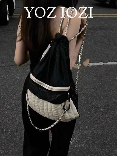 回到学校黑白拼布背包，大容量大学生/高中学生书包，时尚通勤背包