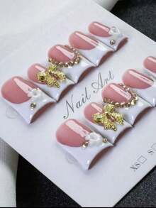 10Pcs Handmade Duck Nails Short Y2K Style Press On Nails With Rhinestones, White Bow Colors, Gift Box Packaging, French Tip Design, Summer & Wedding & Prom & Party & Daily Wear, For Women & Girls, Includes Jelly Gel, Reusable - Nailrosy - 粉色 - 查看 1