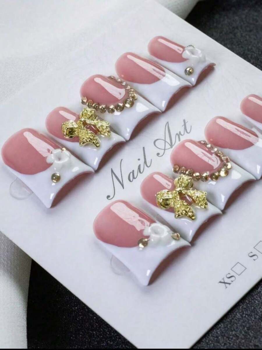 10Pcs Handmade Duck Nails Short Y2K Style Press On Nails With Rhinestones, White Bow Colors, Gift Box Packaging, French Tip Design, Summer & Wedding & Prom & Party & Daily Wear, For Women & Girls, Includes Jelly Gel, Reusable - Nailrosy - 粉色 - 查看 1