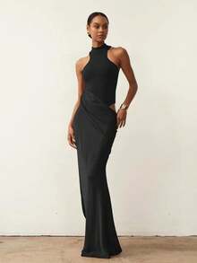 Vestido Maxi de mujer de satén sexy y con recortes sin mangas, de cintura alta, negro, elegante, delgado, para fiesta y discoteca, otoñal - Caqui - Ver 5
