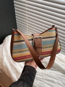 Bolso de hombro de gran capacidad con decoración de arcoíris de paja de primavera, diseño cuadrado minimalista para mujeres