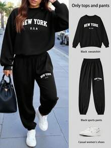 New York Printed Women Casual Sweatsuit Set, Suitable For Autumn/Winter, Chinese New Year, Lunar New Year, Year Of The Horse, Spring Festival, Happy New Year, Valentine's Day, Valentine's Day Gift, Gift For Her On Valentine's Day, Back To School Clothes, School Outfit Ideas, Back To School Essentials, First Day Of School Outfit, Back To School Outfits 2026 - Black - View 3