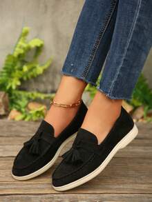 软底舒适一脚蹬乐福鞋平底鞋，新款女士休闲鞋 - 黑色 - 查看 4