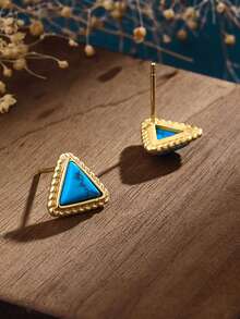 1pc Vintage Imitation Turquoise Triangle Twist Stud Earrings, Simple & Versatile Daily/Event Wear Jewelry Gift For Women, Friends - Blue - View 3